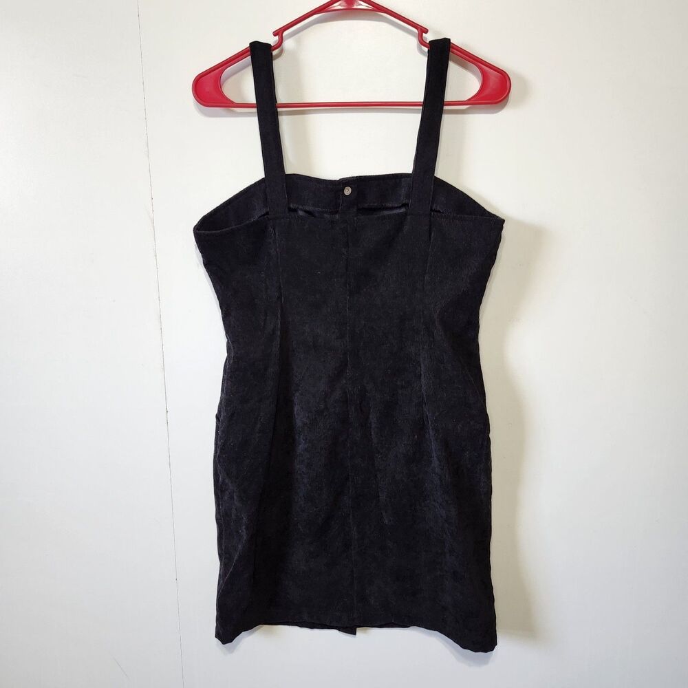Black Corduroy Button Front Mini Dress Pinafore Style Pockets Size M - Picture 4 of 13